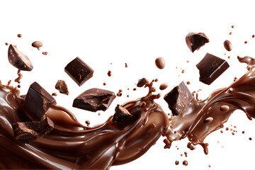 Delicious chocolate splash with chunks and droplets isolated on transparent background.