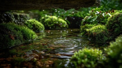 Naklejka premium 苔むした岩から水が滴り落ちる渓流のクローズアップ | Close-up of water drops falling from mossy rock into stream