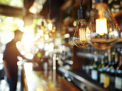Warm lighting illuminates a blurred bar scene