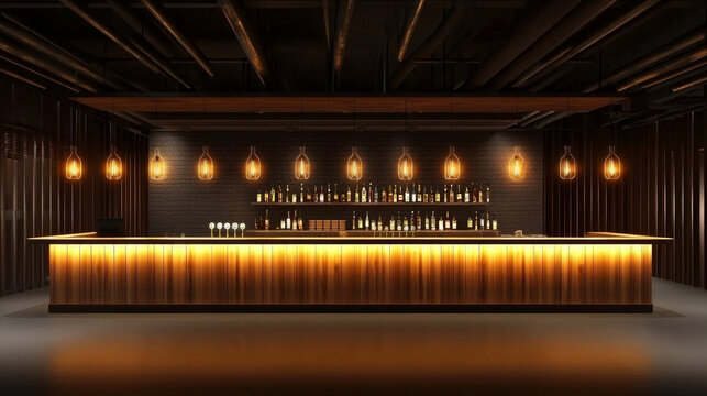 Warm-lit, industrial-style bar with wooden counter, back bar bottles, and Edison bulb pendants