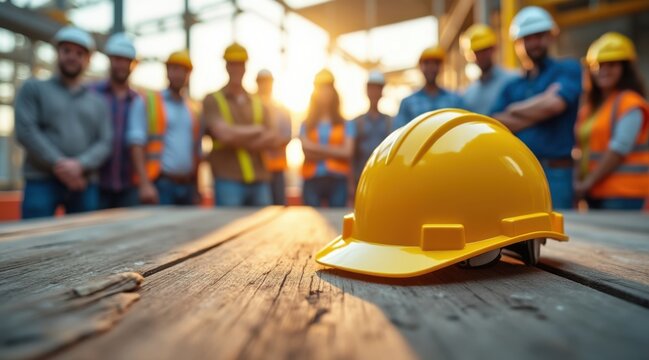 Construction team standing together with yellow hard hat in foreground - Powered by Adobe