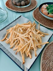Fast food set, eating concept. Watermelon, french fries, vegetables, selective focus.