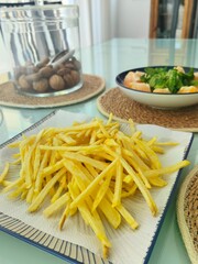 Fast food set, eating concept. Watermelon, french fries, vegetables, selective focus.