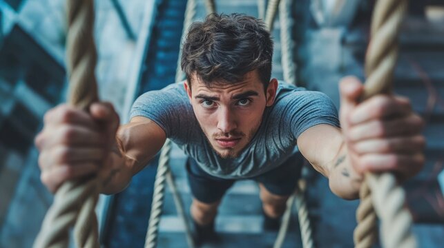A muscular man climbing a rope on a challenging obstacle course.