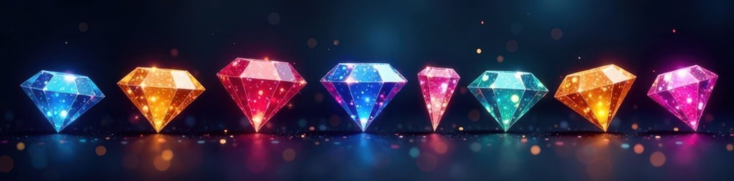 Variety of glittering diamond stickers on dark background , photorealistic, embellishment