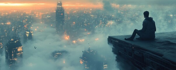 Man sitting on the edge of a building, overlooking a futuristic city from above, set in a fantasy conceptual artwork style, Generative AI
