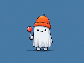 Fototapeta premium Cute Cartoon Ghost Holding a Lollipop and Wearing an Orange Beanie Against a Blue Background