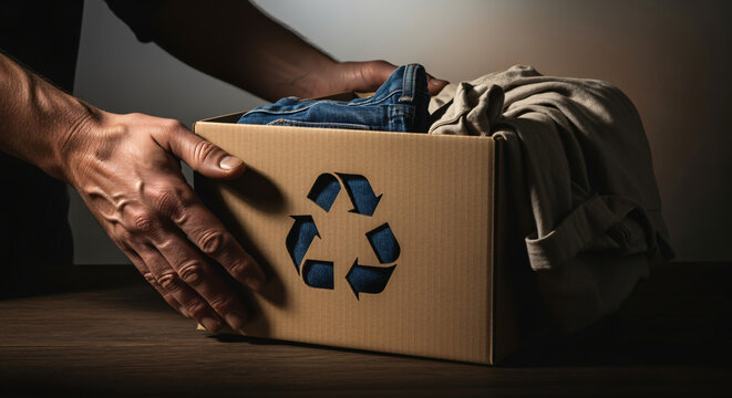 Clothing Recycling: Hands Placing Garments in Box