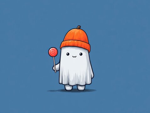 Cute Cartoon Ghost Holding a Lollipop and Wearing an Orange Beanie Against a Blue Background