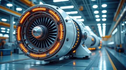 Obraz premium Close up of a powerful industrial jet engine with glowing orange accents