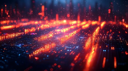 Dazzling city lights and digital data visualization