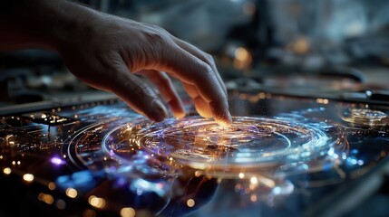光るデジタルインターフェースを操作する手のクローズアップ | Close-up of a Hand Interacting with a Glowing Digital Interface