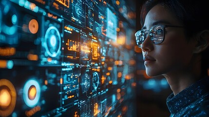 Futuristic Asian teacher in virtual classroom with holographic students