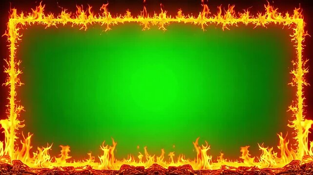 Dynamic fiery border frames vibrant green screen for explosive video effects and intense visual action