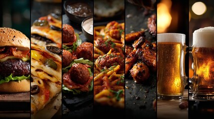 A collage of various types of food and drinks, including burgers, pizza slices, meatballs with sauce, pasta with tomato sauce, chicken wings in a bar atmosphere, Generative AI.