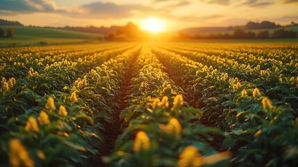 Obraz premium Picturesque sunset over a vibrant agricultural field