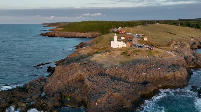 Inceburun Lighthouse in Sinop. Turkey. Inceburun is the northernmost point of the Turkey. Aerial shooting with drone.