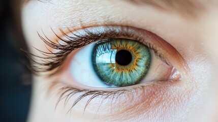 Close-up of a green eye with brown irises and a reflection of a blue sky.