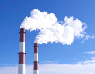 Two industrial smokestacks emitting white plumes against a vibrant blue sky