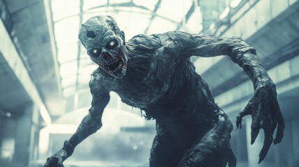 Creepy undead roaming the empty, foggy streets of a destroyed city.