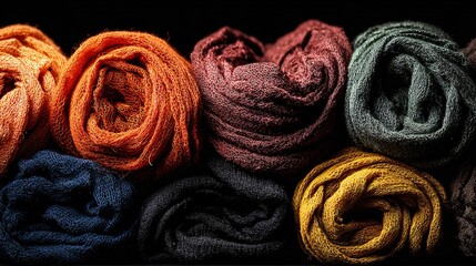 Fototapeta premium A textured composition of folded fall scarves on a matte black background with space for text