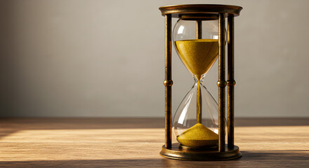 Elegant antique hourglass with shimmering golden sand flowing gracefully, symbolizing precious moments and the passage of time.