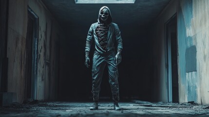 Creepy and terrifying undead figure standing in the middle of an abandoned city street.