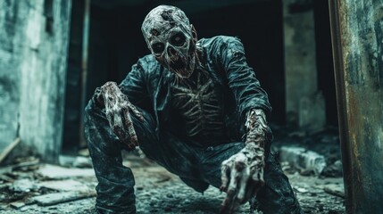 Creepy and terrifying undead figure standing in the middle of an abandoned city street.