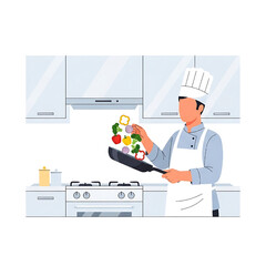 Chef cooking vegetables in kitchen, preparing healthy food, vector illustration