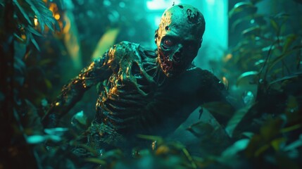 Hungry zombies wandering through the dark forest.