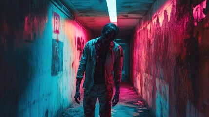 Eerie scene of a scary zombie in a dark, desolate, and abandoned cityscape.