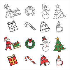 Festive Holiday Cheer Christmas Icon Collection Featuring Santa Claus Sleigh Wreath Snowman Tree Gift Candy Cane Bell and Candle Illustrations