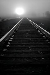 Fototapeta premium Railroad tracks extending into a foggy distance.