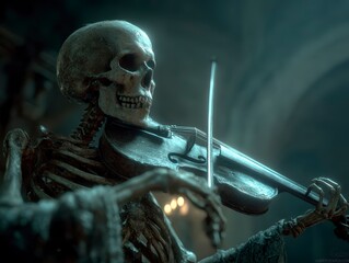 Skeleton Playing Violin in Dimly Lit Gothic Chamber with Candlelight
