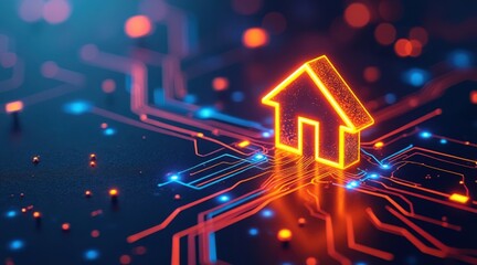 Glowing orange house icon on futuristic digital circuit board