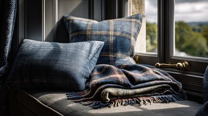 Moody window seat with patterned wool cushions and folded tartan throws under natural light