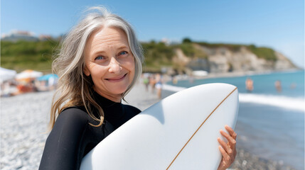 Mature caucasian female surfer smiling on rocky beach with surfboard