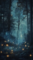 Obraz premium Enchanted Forest at Night with Glowing Will-o'-the-Wisps