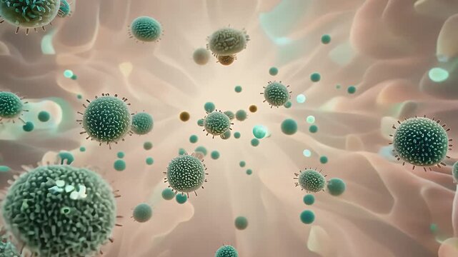 healthy human gut microbiome, with floating microbes, bacteria, and symbiotic organisms in motion