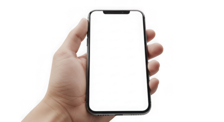 Ai generated image of hand holding a smartphone with a blank white screen isolated on transparent background
