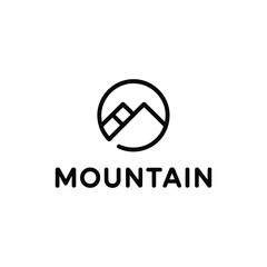 Minimalist mountain logo design in a circle with text below