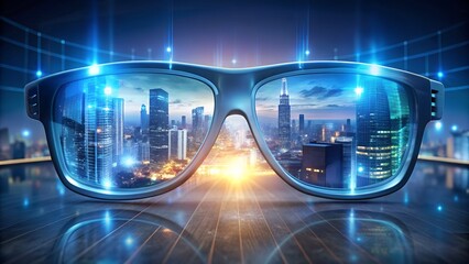 Futuristic augmented reality glasses reflecting a vibrant cityscape isolated on transparent background