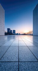 Fototapeta premium City plaza sunrise, urban pathway, buildings, morning