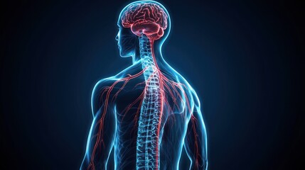 A human figure with a brain and spinal cord in a medical or anatomical illustration.