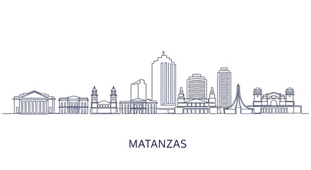 Cityscape of Matanzas, Cuba: A clean, minimal line drawing captures the iconic architecture of Matanzas, Cuba, showcasing its unique skyline against a clear backdrop.