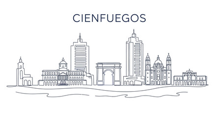 Obraz premium Cienfuegos Cityscape: A minimalist outline captures the architectural elegance of Cienfuegos, presenting a clean and modern visual of the city skyline, perfect for travel and design projects. 