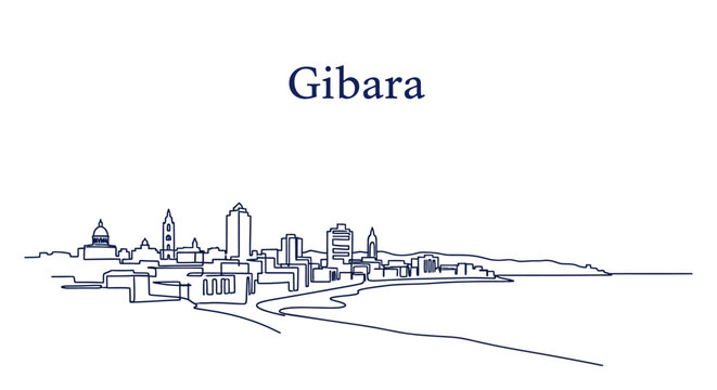 Gibara Cityscape: A serene, minimalist illustration captures the essence of Gibara's skyline, presented in a clean, graphic style. A study in lines, conveying the coastal city's character.