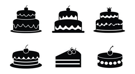 Collection of Cake Icons in Black Silhouette for Celebrations and Desserts