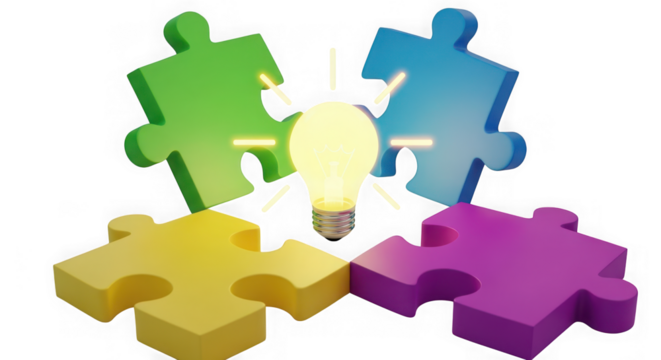 Ai generated image of four colorful puzzle pieces surrounding a glowing lightbulb isolated on transparent background