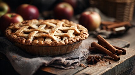 A rustic table with freshly baked apple pie and cinnamon sticks, cozy fall setting with soft natural lighting and copy space